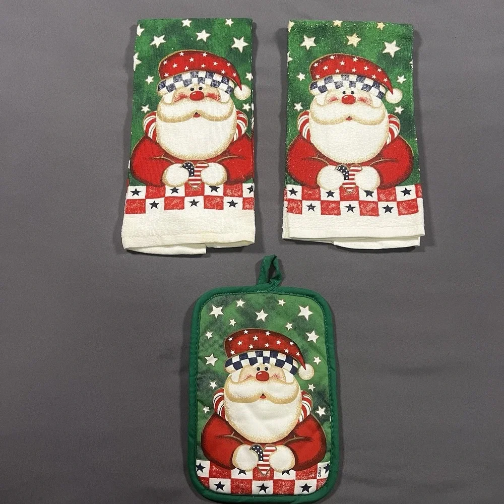 B&D Vintage Christmas Santa Kitchen Towels and Potholder 100% Cotton Royal Terry